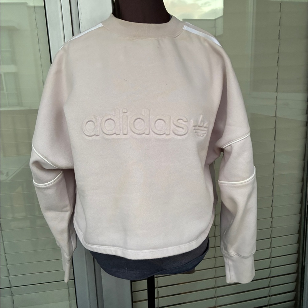 adidas Cropped Crewneck Sweatshirt in Pale Beige with Embossed Logo Size M